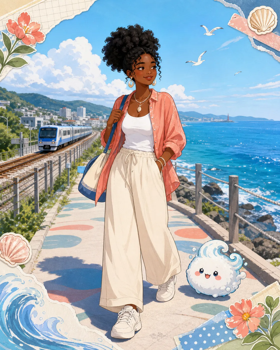 A traveler watches the Korean coast from a seaside railway with a tiny wave mascot.
