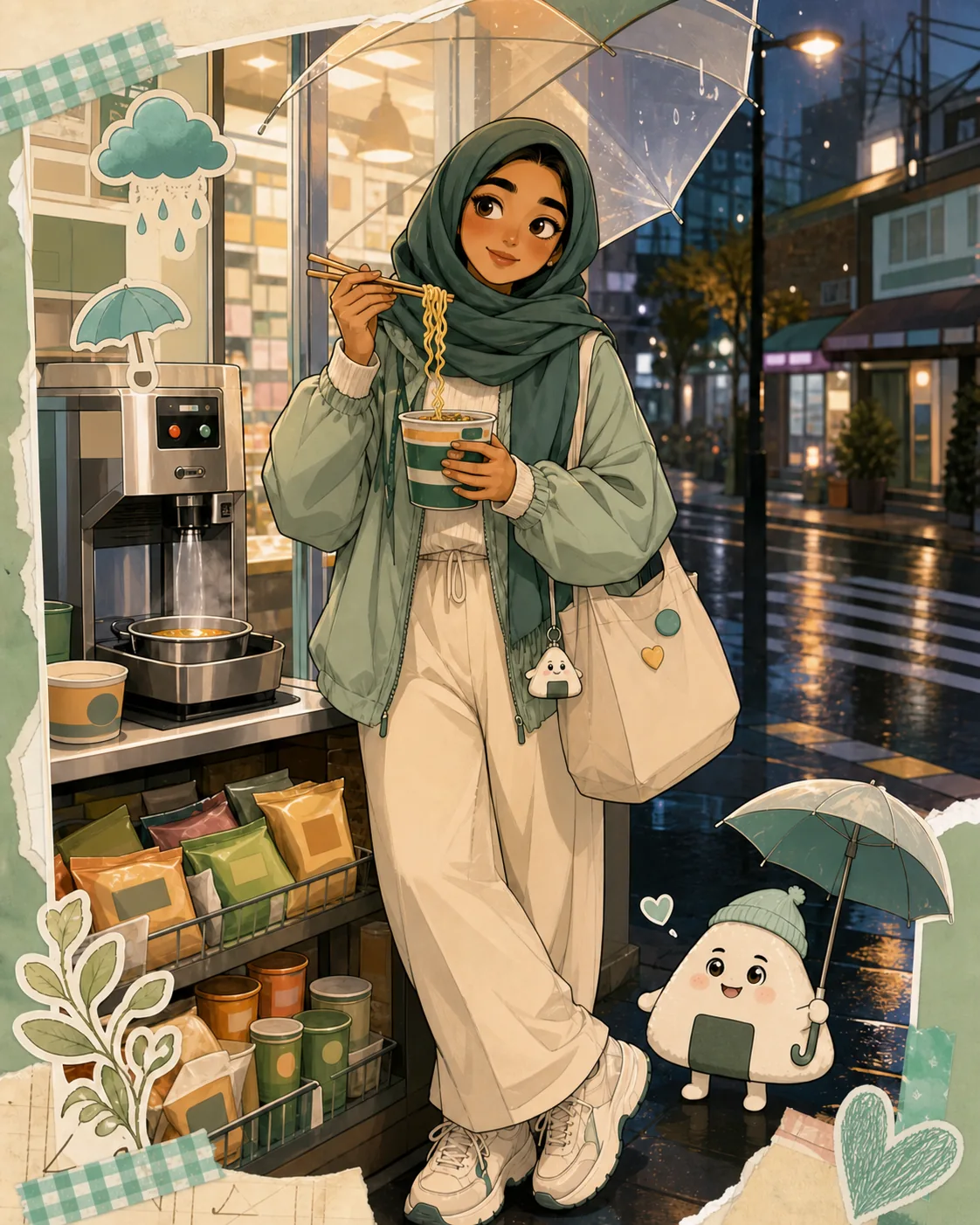 A traveler carries a picnic snack and a vintage market find with a triangle-rice mascot.