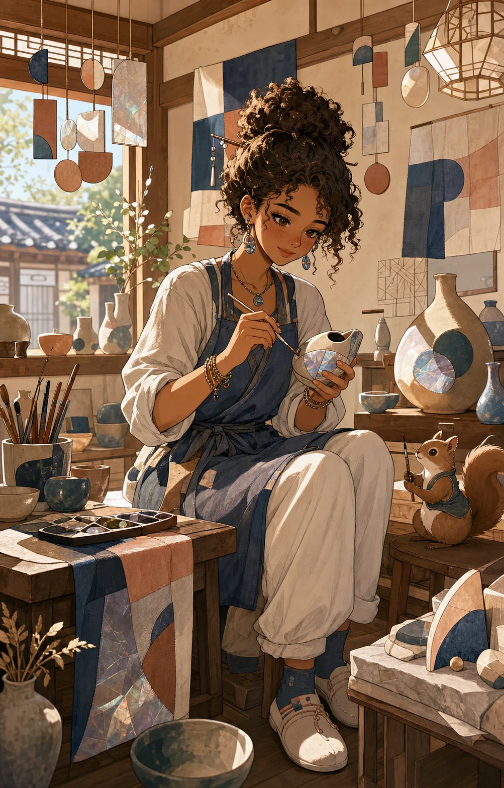 A traveler studies Korean craft details in Jeonju with a brush-holding squirrel mascot.