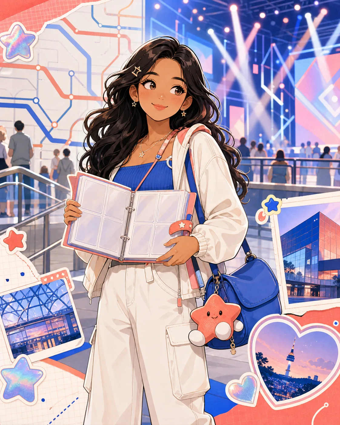A traveler carries an abstract photocard binder and city map with a tiny star mascot.