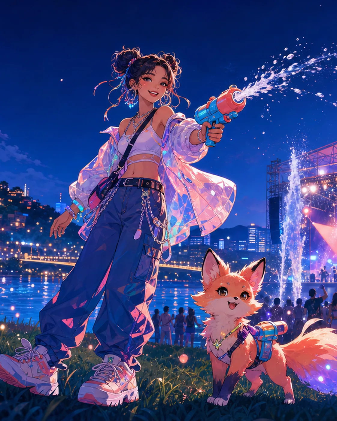 An original young-adult traveler in Seoul street style enjoys an outdoor Korean music festival with water spray, stage lights and a spark fox mascot.