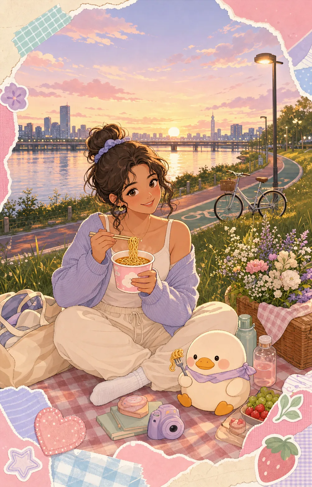 A traveler picnics beside the Han River at sunset with a tiny round duck mascot.