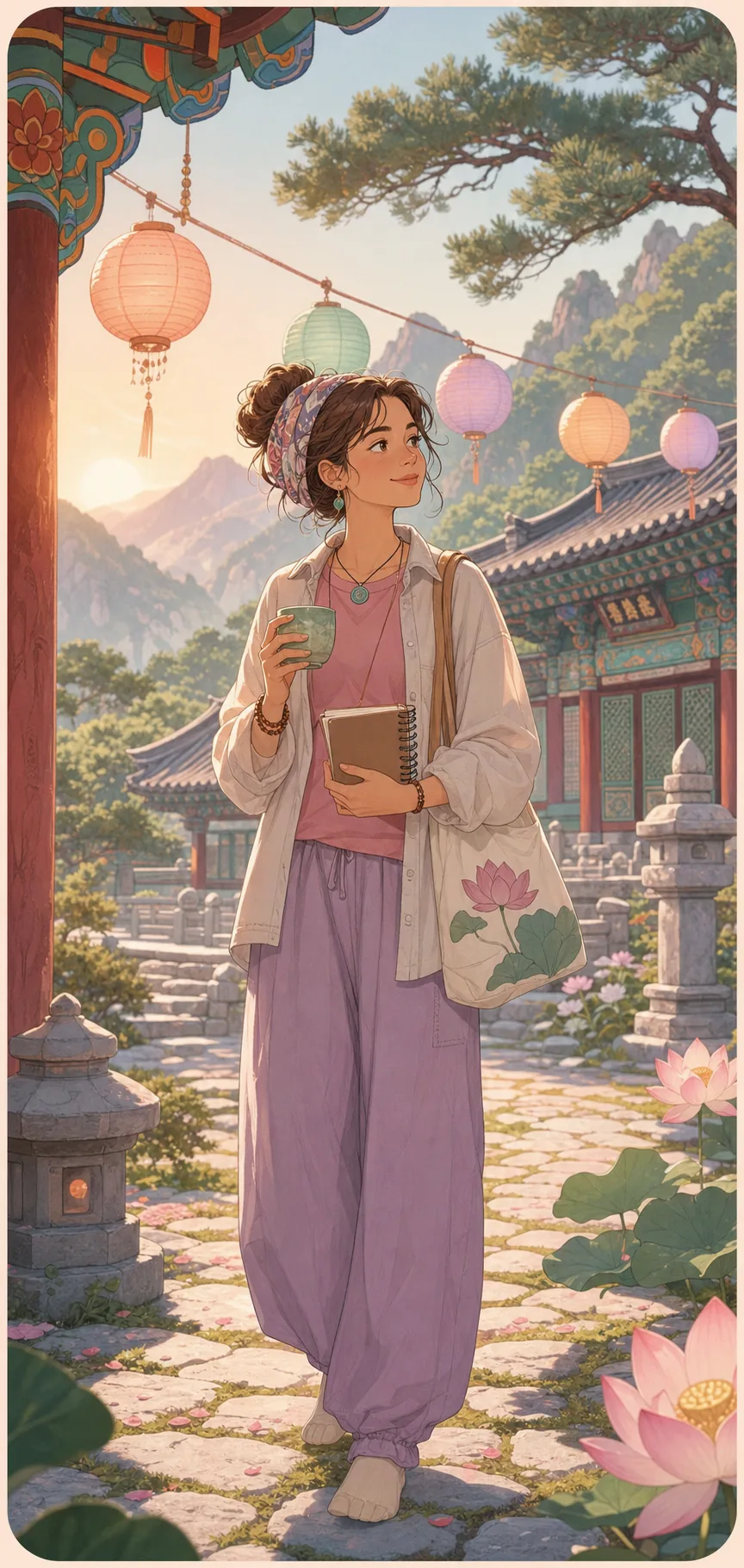 An adult visitor in modest lavender travel clothes holds tea and a notebook in a lantern-lit Korean temple courtyard with mountains behind them.