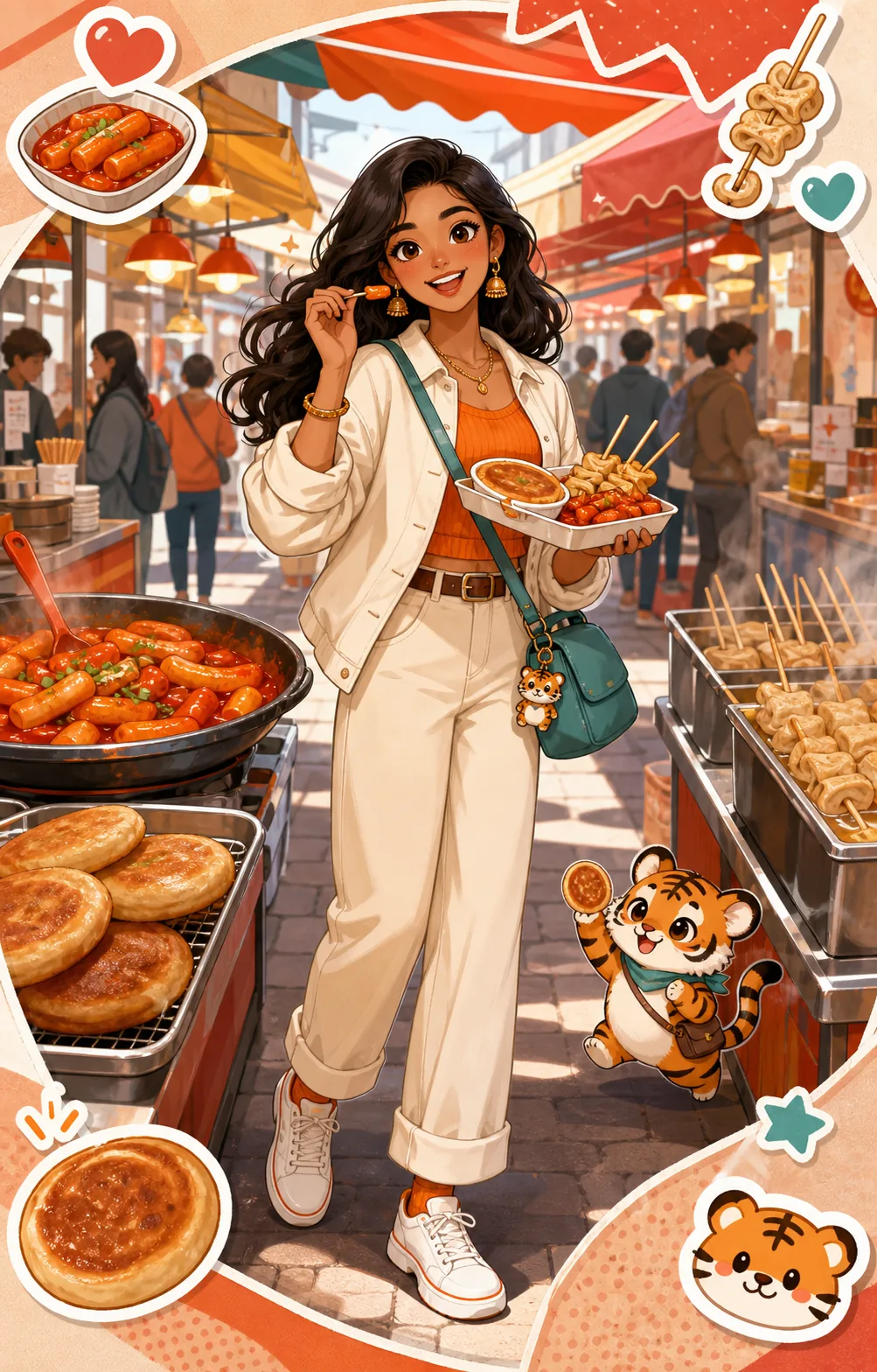 A traveler samples Korean market snacks beneath bright awnings with a baby tiger mascot.