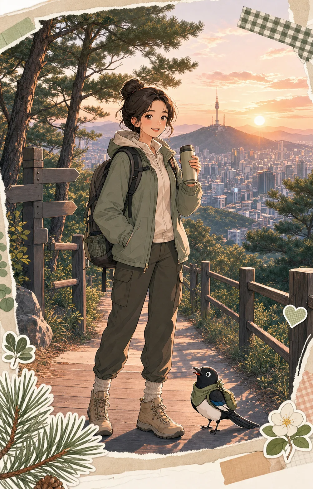 A traveler greets sunrise on a Seoul mountain trail with a magpie mascot.