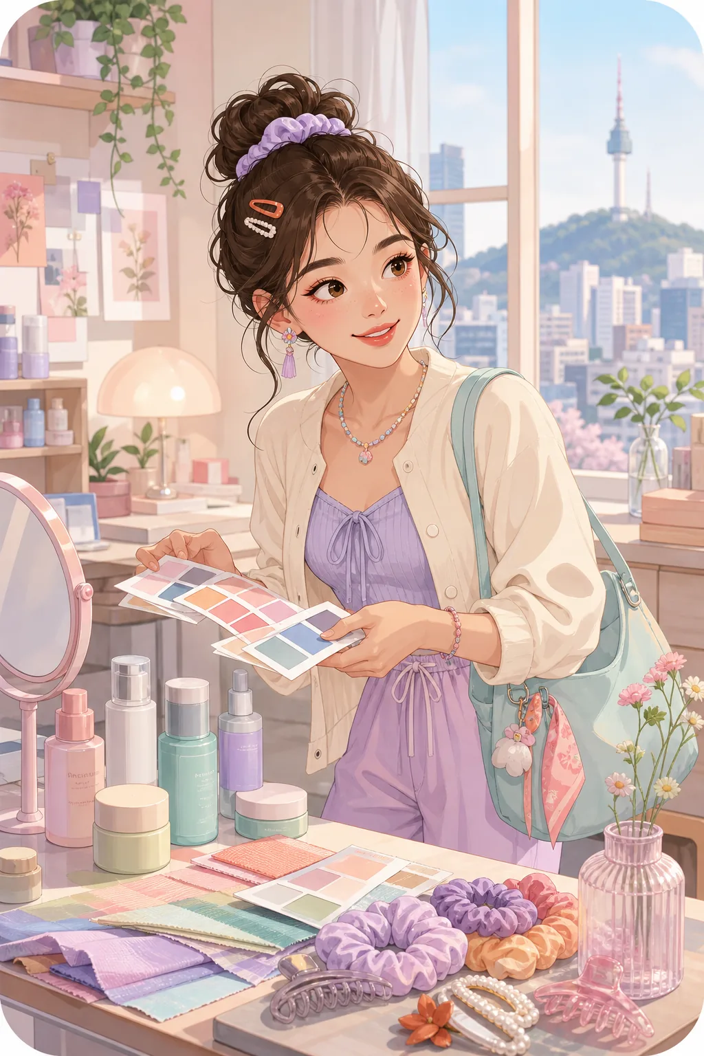 An adult traveler compares personal-color swatches at a pastel unbranded beauty desk with a Seoul tower view.