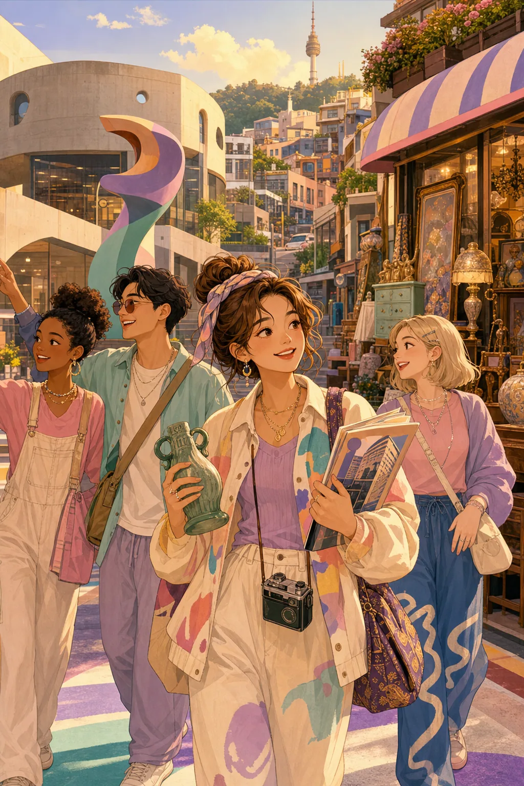 Diverse adult friends explore a Seoul art museum and antique street; the central traveler holds a green vase and guide.